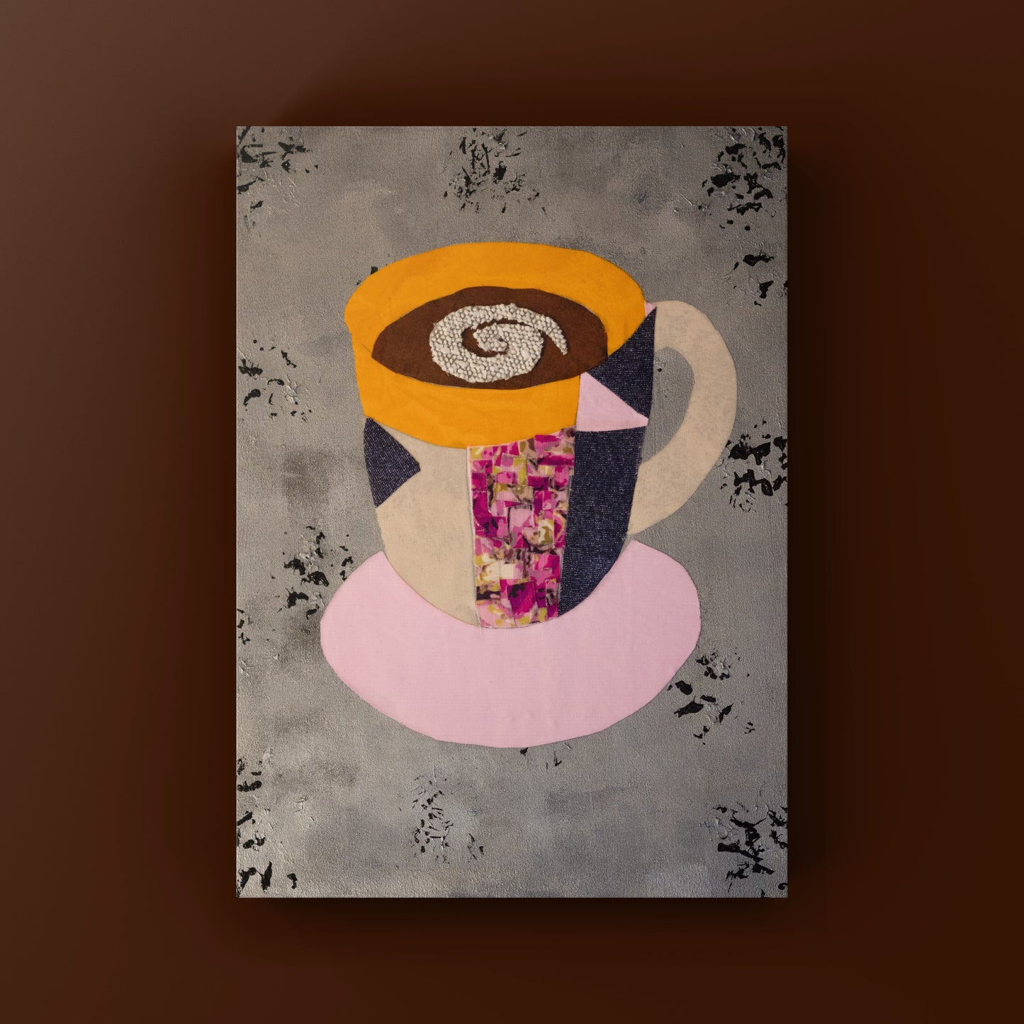 Abstract artwork of a coffee cup with a textured background