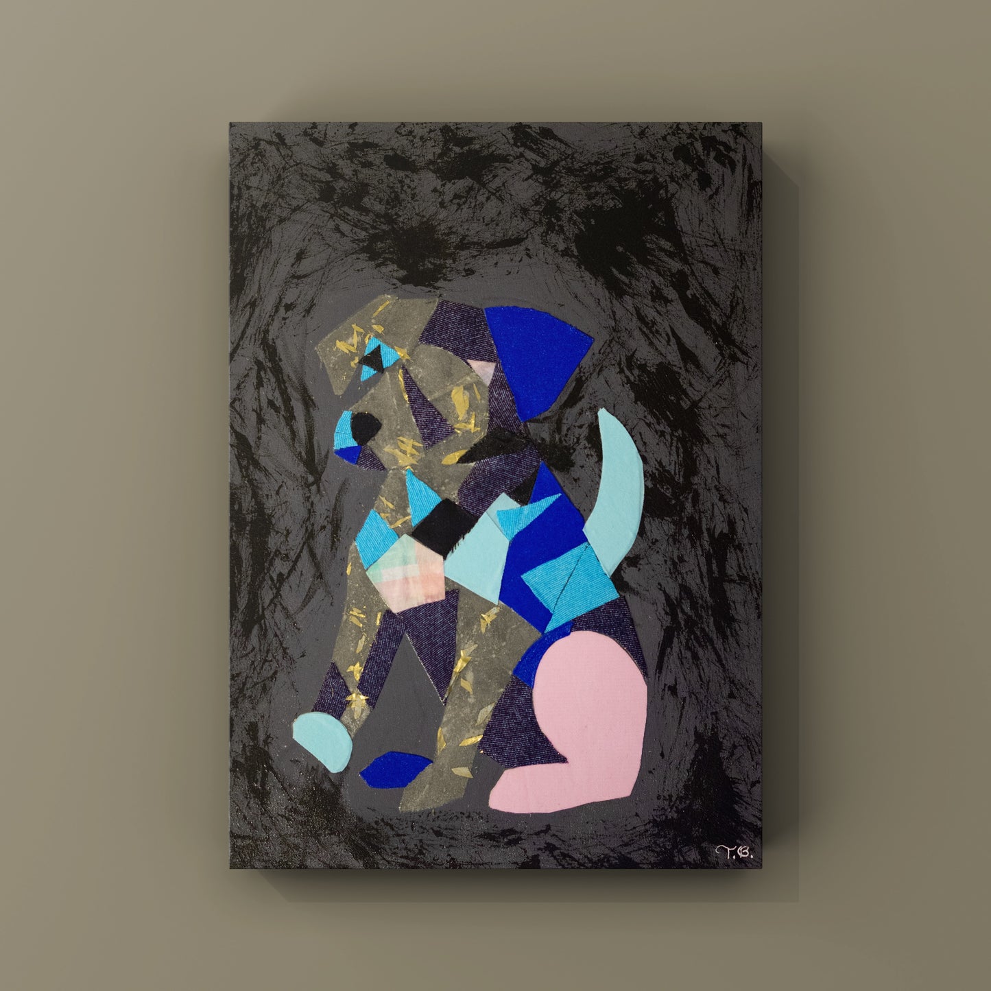 Abstract artwork with geometric shapes on a textured black background