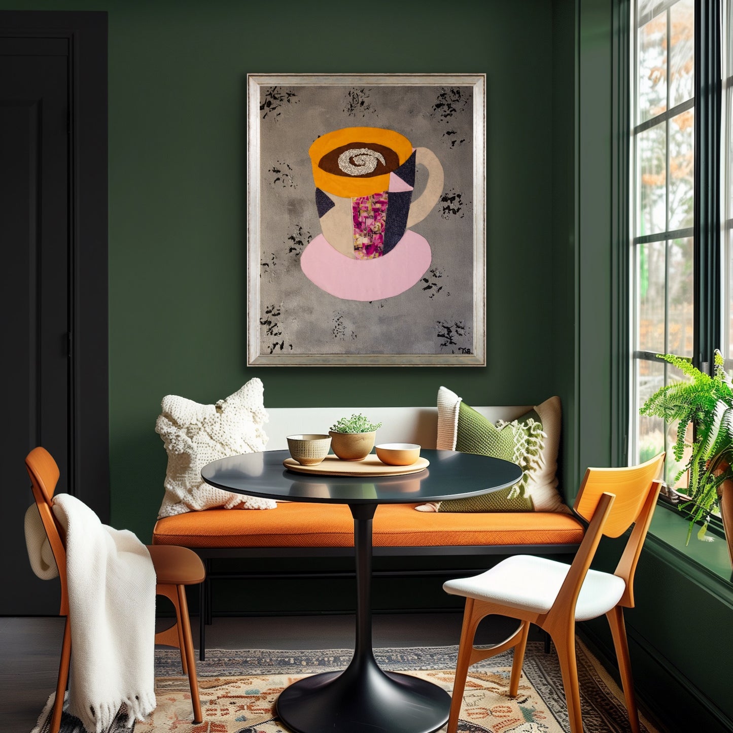 Modern interior with a colorful abstract painting, green walls, and a cozy seating area.
