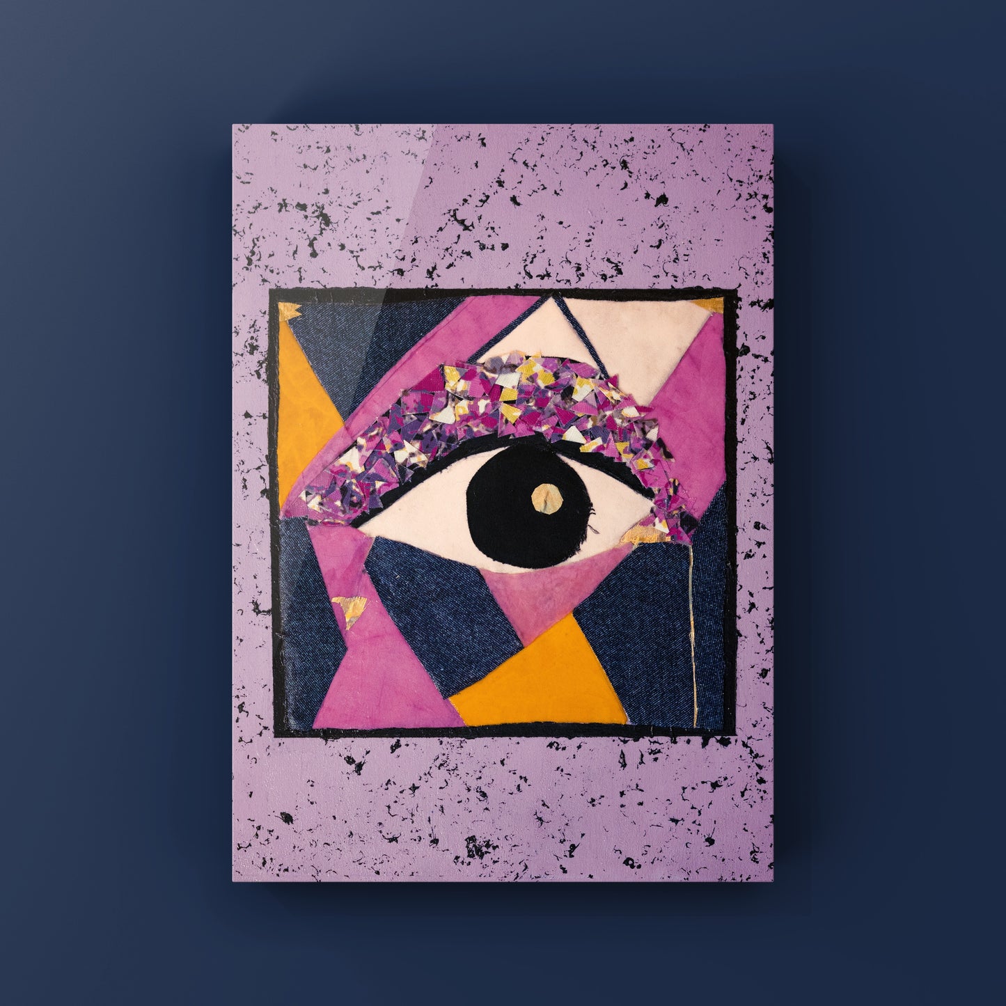 Abstract art piece with a stylized eye on a purple background