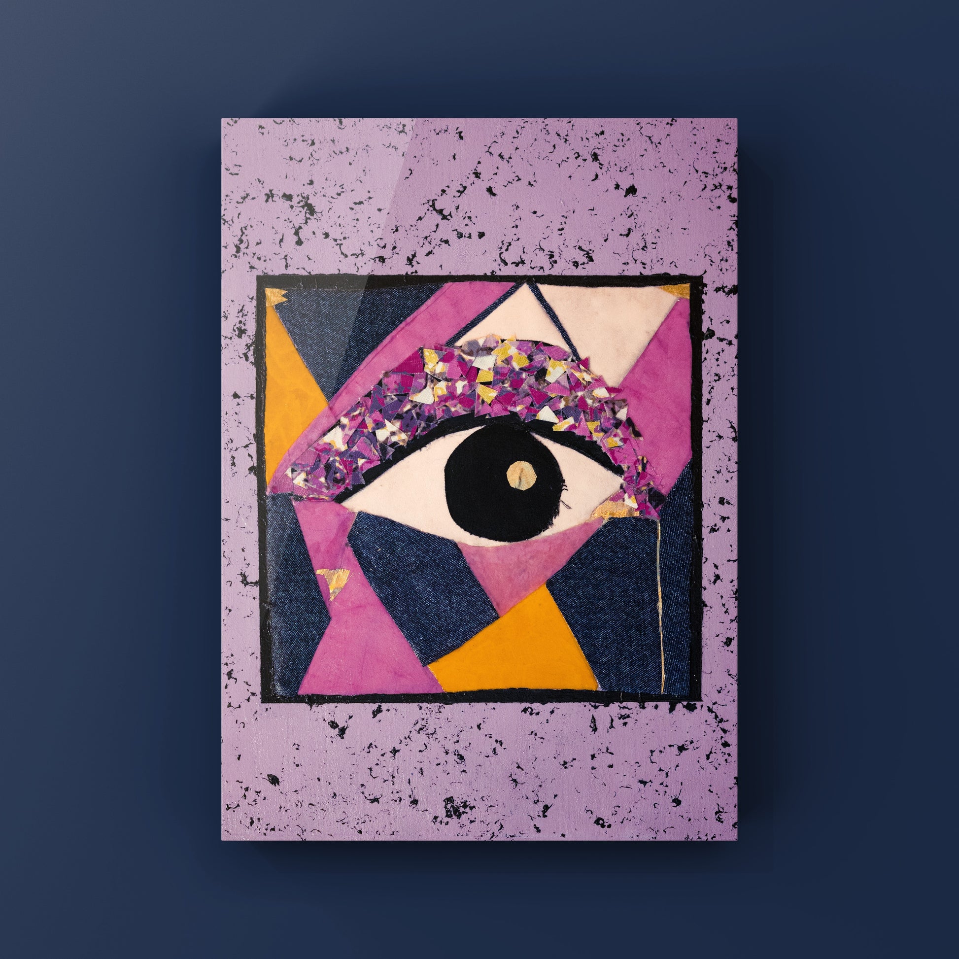 Abstract art piece with a stylized eye on a purple background