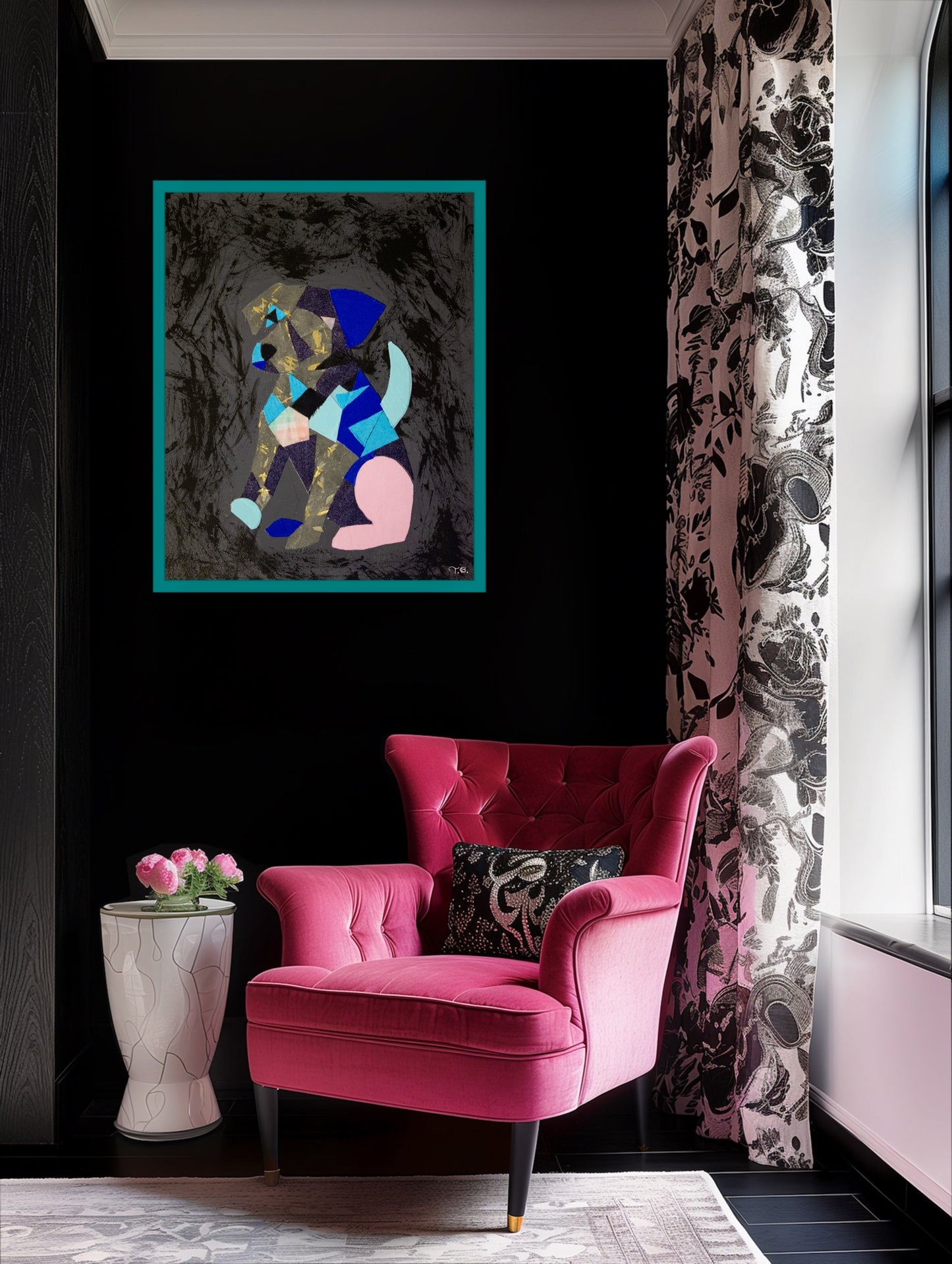Pink armchair in a room with abstract art and patterned curtains