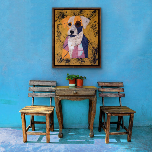 Wooden table with chairs against a blue wall featuring a colorful dog painting.